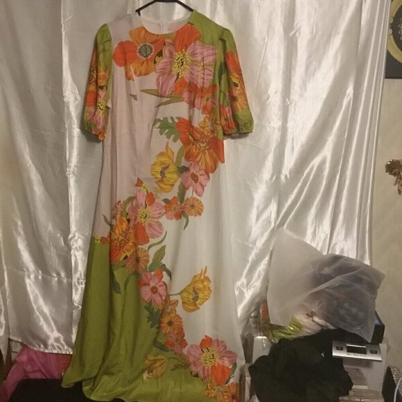 Floral Short Sleeve Tropical Silas  Puff Sleeve Crew Neck Midi Dress L - Picture 8 of 13